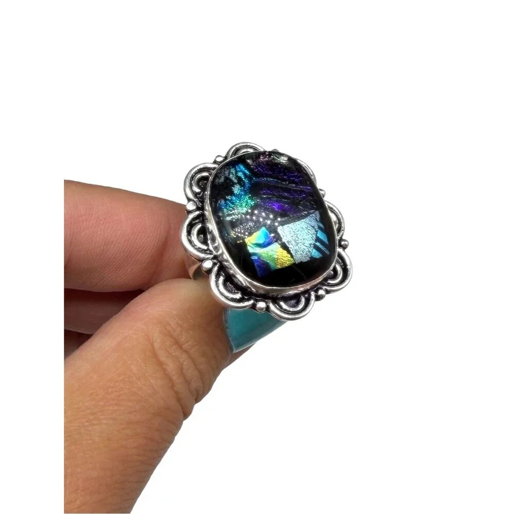 Dichroic Glass Ring Size 8 925 Sterling Silver Overlay Blue Purple Black